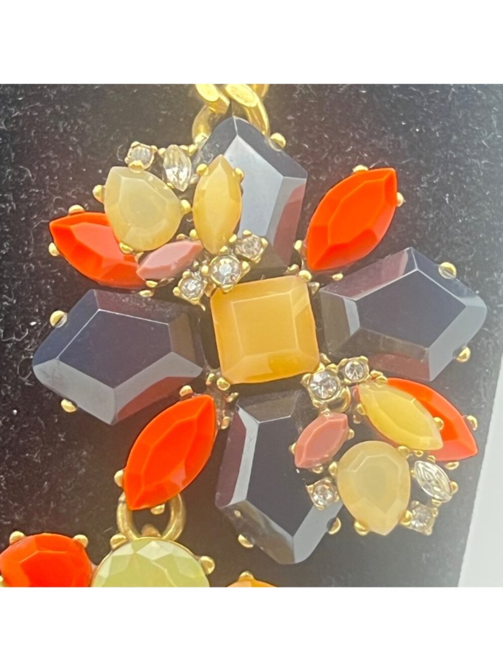 J Crew Statement Necklace Orange Black Yellow Floral Design 15+3" Gold Tone - Picture 9 of 11